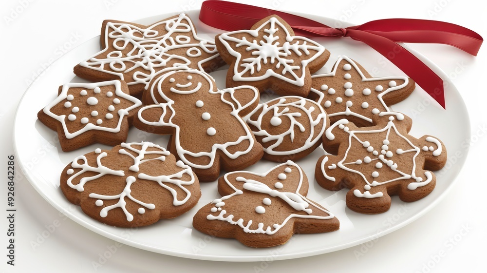 Assorted gingerbread cookies on plate with red ribbon, minimalist focus on cookies and ribbon Assorted gingerbread cookies on plate with red ribbon, minimalist focus on cookies and ribbon