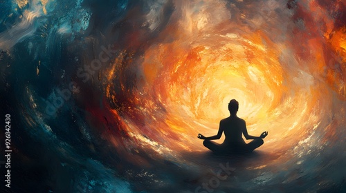 A style illustration of a person meditating in the center of a swirling, abstract environment filled