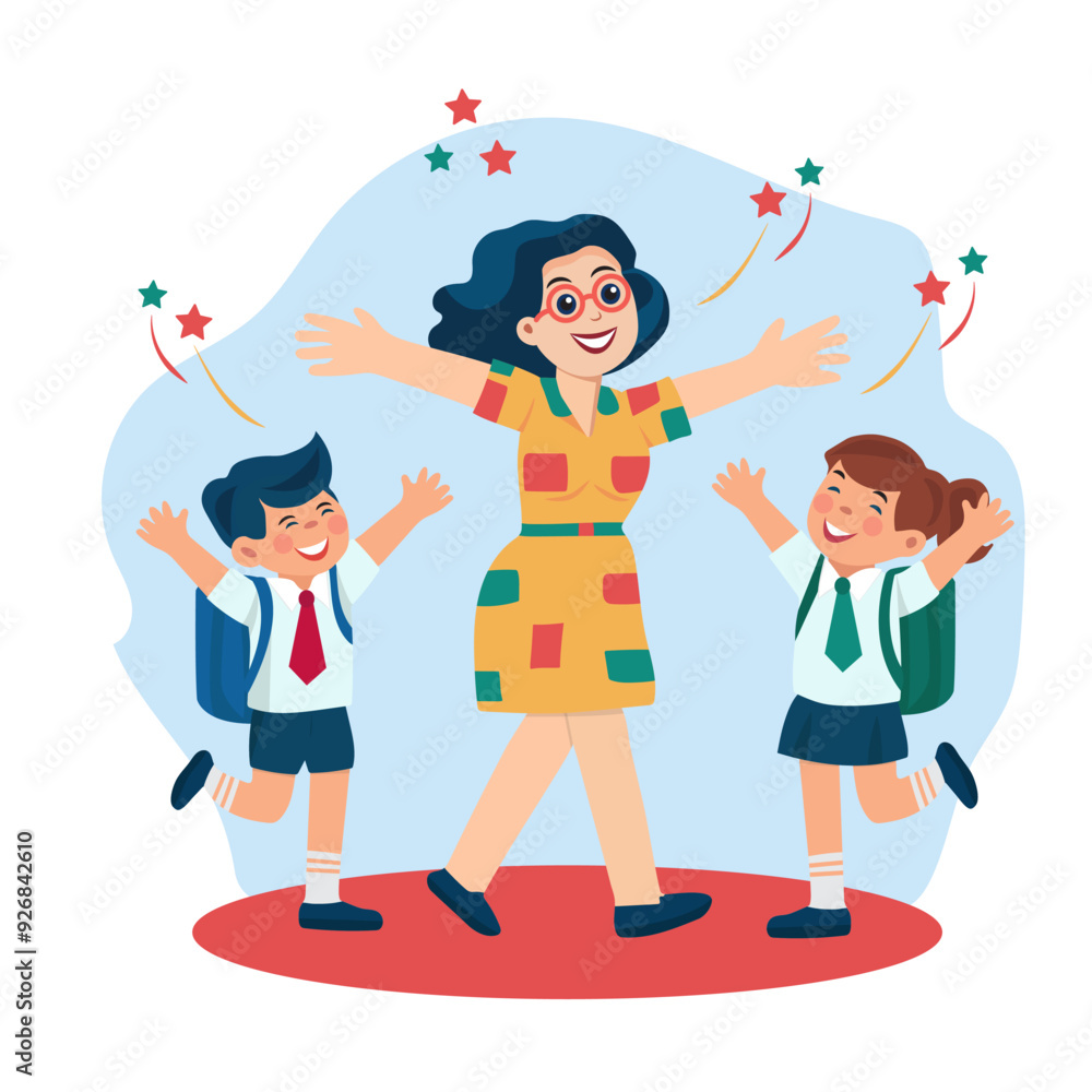 Teacher and students enjoy meeting at school. Children's education, training. Vector illustration drawn by hand. Teacher and students enjoy meeting at school. Children's education, training. Vector illustration drawn by hand.