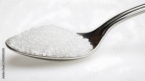 Close-up of sugar in spoon over white background 