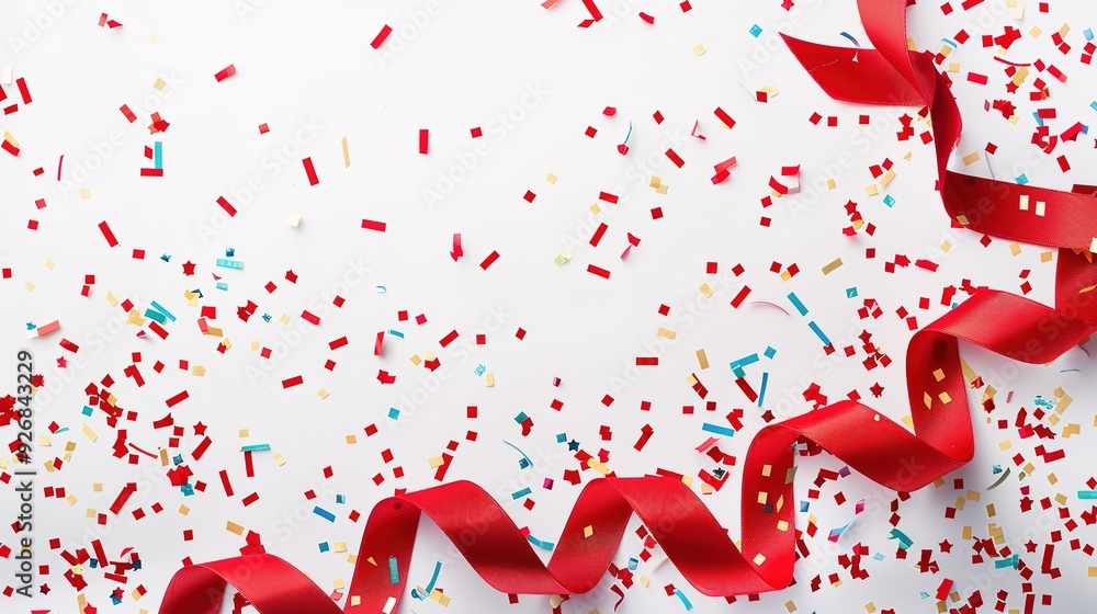 Red ribbon and colorful confetti on white background. Red ribbon and colorful confetti on white background.