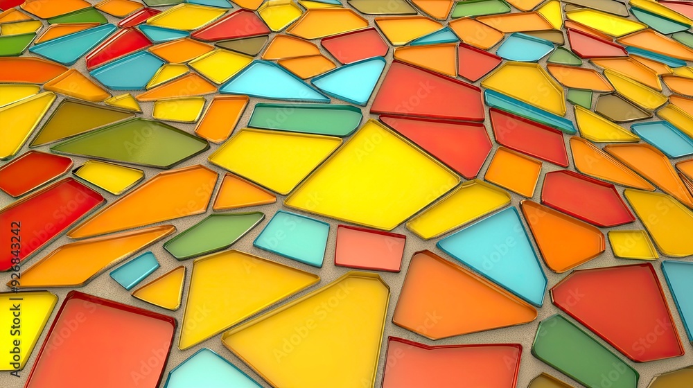 Fototapeta premium Abstract tiles, irregular shapes in vibrant colors, forming a mosaic pattern, soft diffused lighting