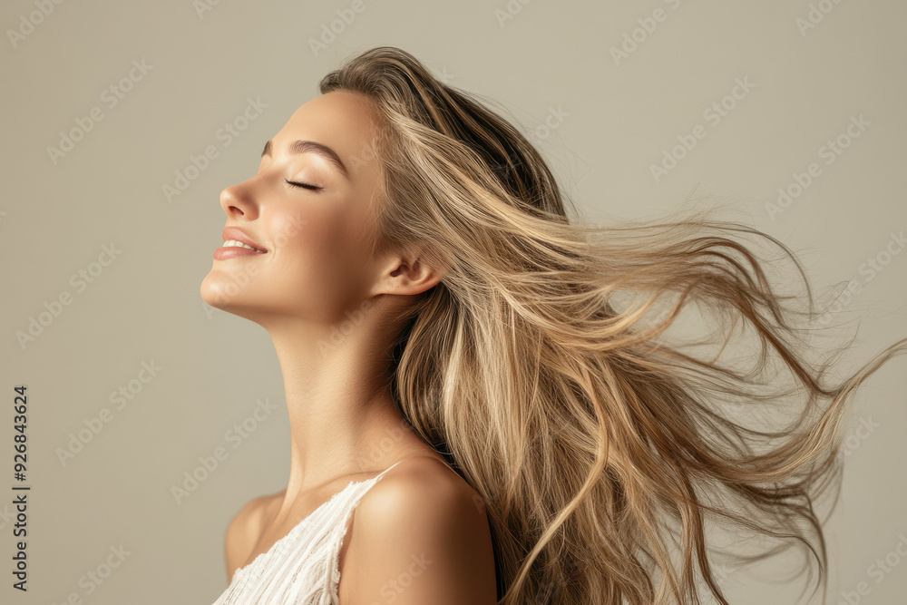 A close up of a woman's face with her eyes closed and long blond hair A close up of a woman's face with her eyes closed and long blond hair
