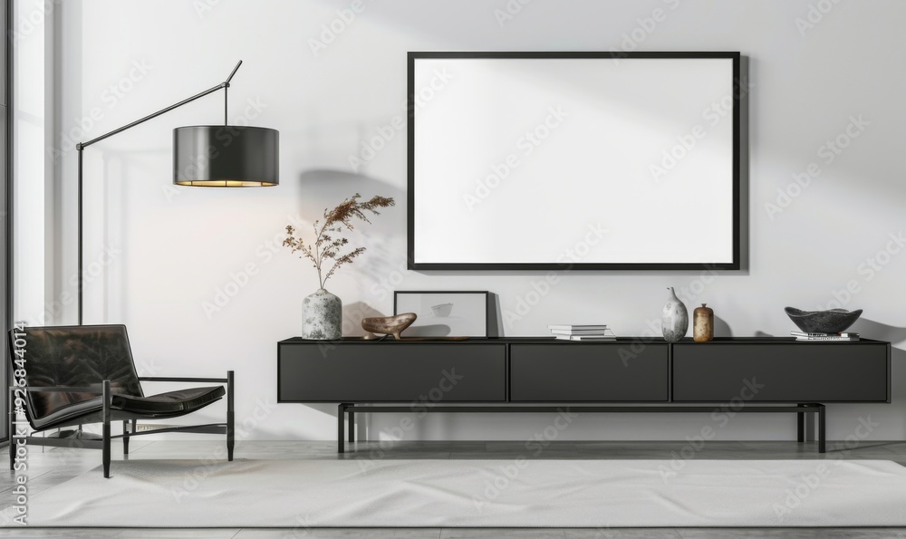 Living Room with Black Wall-Mounted Frame and Dark Gray Cabinet. Neutral Color Scheme, White Walls, Simple Design, and Spacious Decor Area. Living Room with Black Wall-Mounted Frame and Dark Gray Cabinet. Neutral Color Scheme, White Walls, Simple Design, and Spacious Decor Area.