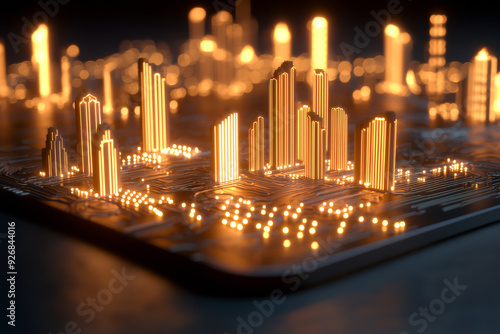 Glowing cities on a circuit board represent advanced technology and digital landscapes in a futuristic setting. #926844016