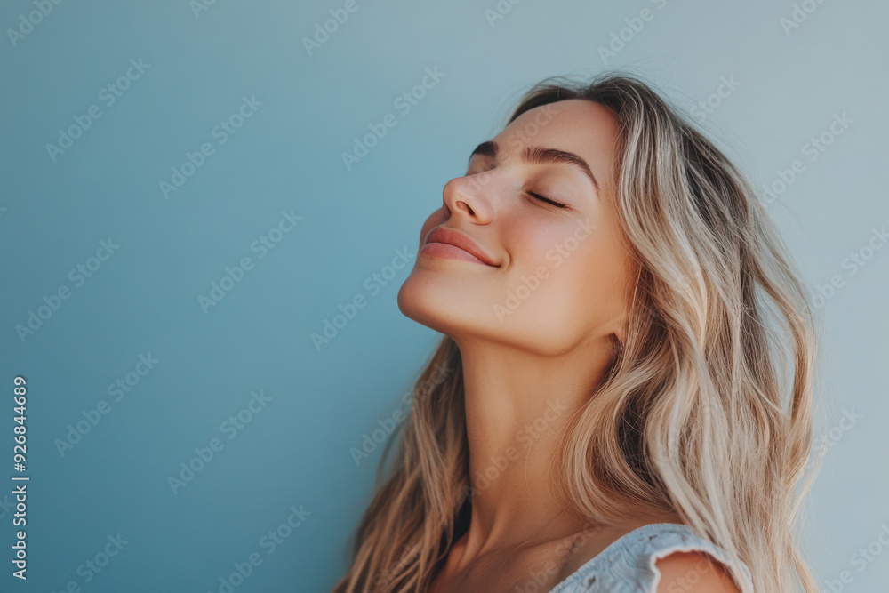 A close up of a woman's face with her eyes closed and long blond hair A close up of a woman's face with her eyes closed and long blond hair
