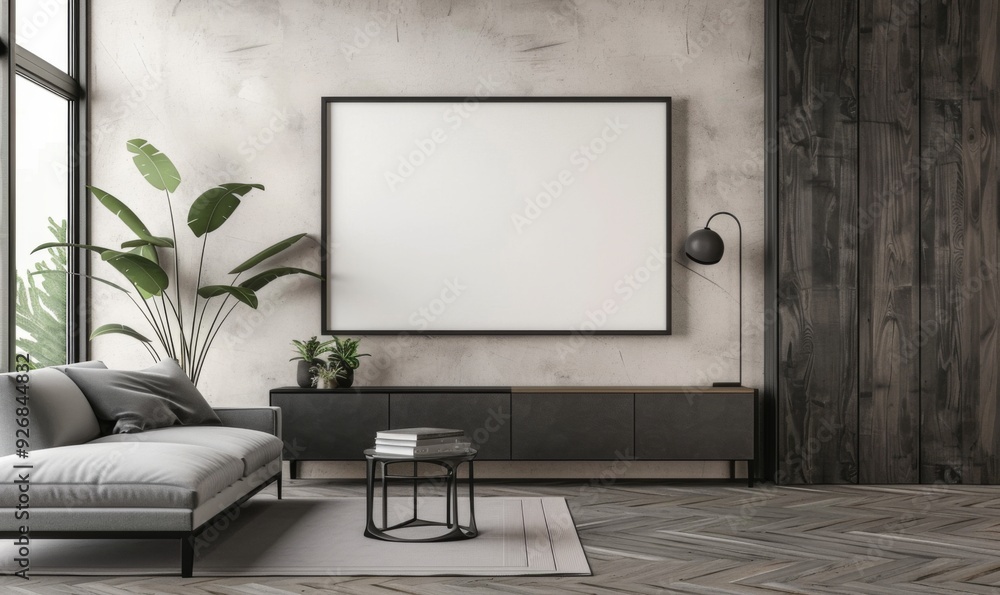 Living Room with Large Wall Frame, Black Cabinet, and Gray Sofa. Neutral Tones with Big Blank Screen and Plant. Living Room with Large Wall Frame, Black Cabinet, and Gray Sofa. Neutral Tones with Big Blank Screen and Plant.