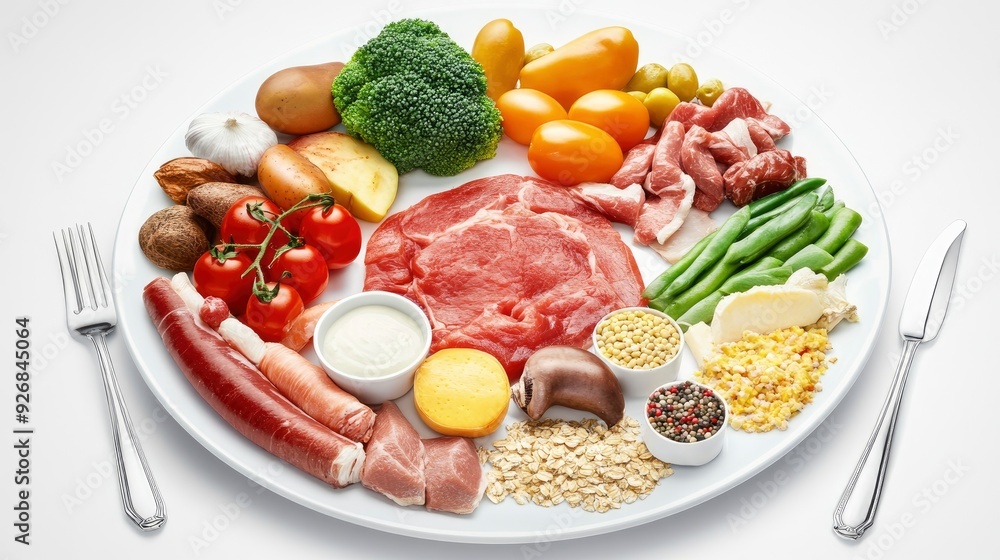 Balanced diet, plate with a variety of healthy foods, including lean protein, vegetables, and whole grains, soft natural light Balanced diet, plate with a variety of healthy foods, including lean protein, vegetables, and whole grains, soft natural light