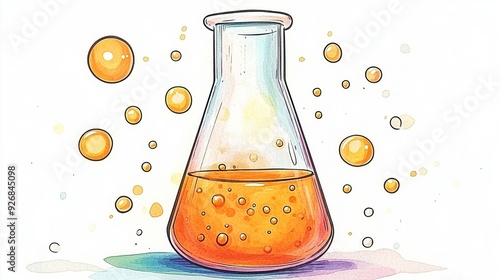 Illustration of a glass flask with bubbling orange liquid photo