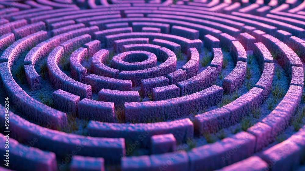 Circular maze, in gradient tones of purple and blue, forming a complex pattern, soft natural lighting Circular maze, in gradient tones of purple and blue, forming a complex pattern, soft natural lighting