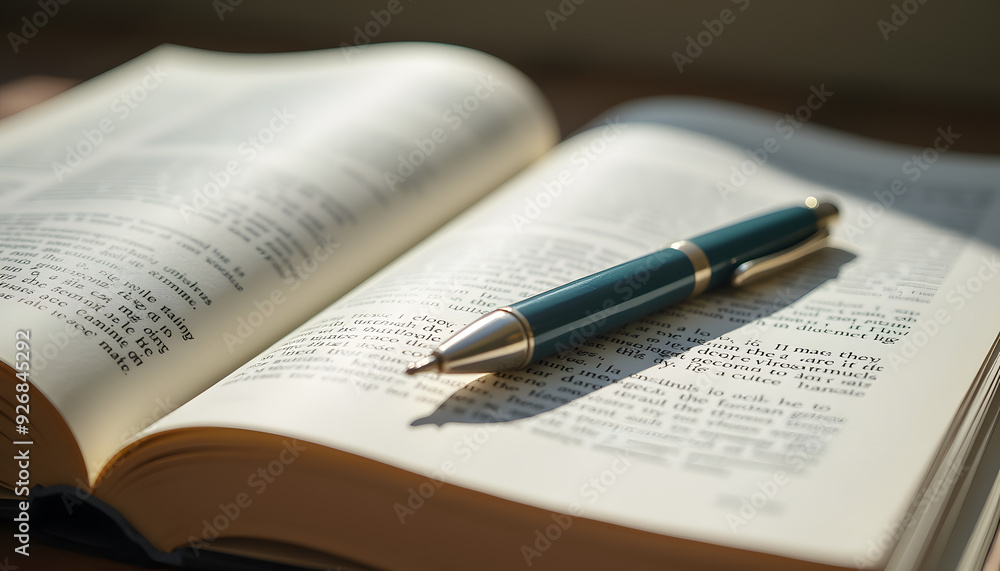 Open textbook with highlighted notes and a pen carefully resting on the page ready for study. Open textbook with highlighted notes and a pen carefully resting on the page ready for study.
