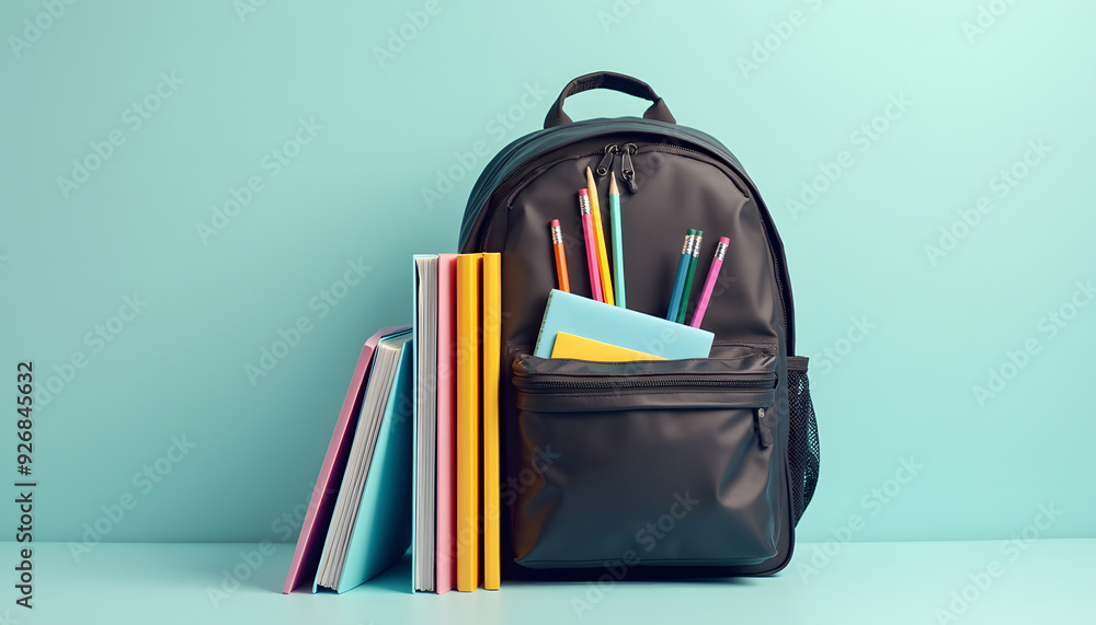 Fototapeta premium A well-arranged backpack filled with essential school supplies such as notebooks, pencils, and folders set up to reflect readiness for the new school year.