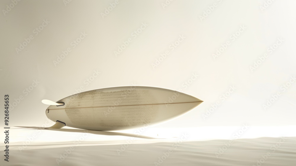 White surfboard poised on sandy beach against a clear backdrop, anticipating the waves White surfboard poised on sandy beach against a clear backdrop, anticipating the waves