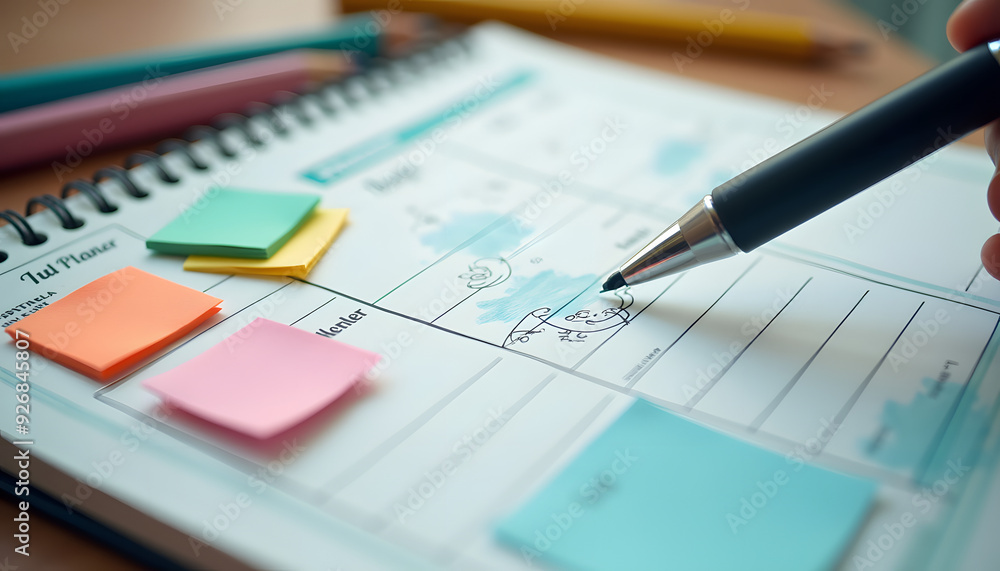 A close-up of a school planner adorned with colorful sticky tabs and a pen to highlight organized planning and preparation for the school year. A close-up of a school planner adorned with colorful sticky tabs and a pen to highlight organized planning and preparation for the school year.