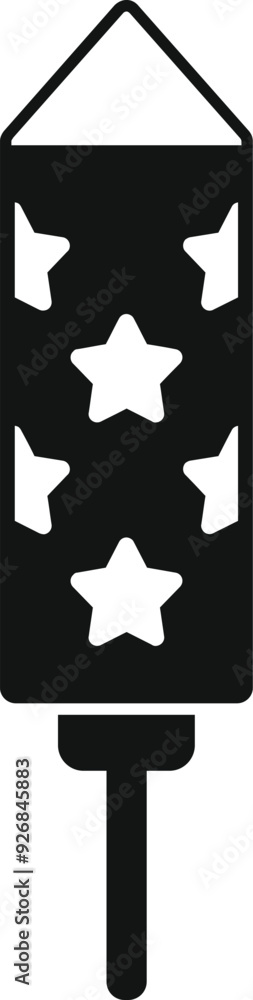 Simple black and white icon of a firework rocket displaying stars for celebration Simple black and white icon of a firework rocket displaying stars for celebration