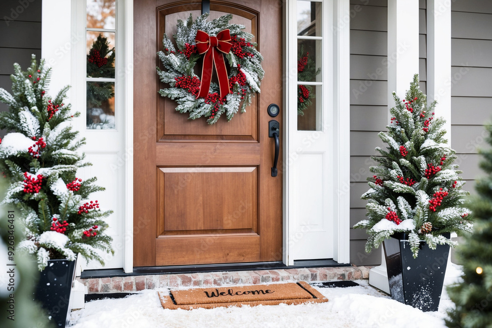 Fototapeta premium A front door decorated for Christmas with a lush green wreath made of pine, red ribbons, and small golden bells.