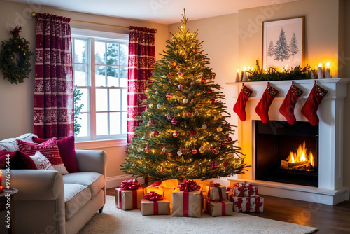 A cozy living room with a beautifully decorated Christmas tree standing beside a roaring fireplace.