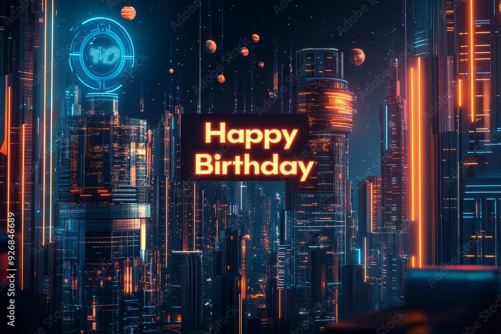 Fototapeta premium The city centre's futuristic high-rise buildings are set against the glittering skyline. Modern neon colors, dark blue, orange, neon green. It's the perfect combination of technology and art