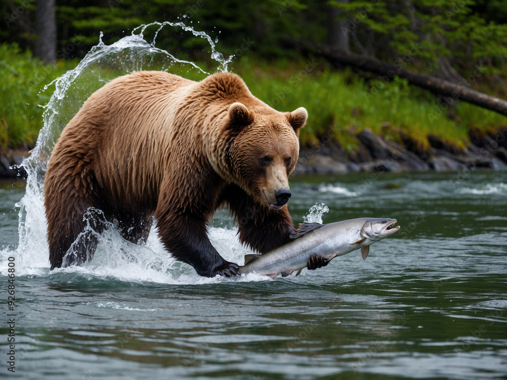 A brown bear fishing in a fast-flowing river, with water splashing around as it catches a salmon, surrounded by lush green forest. A brown bear fishing in a fast-flowing river, with water splashing around as it catches a salmon, surrounded by lush green forest.