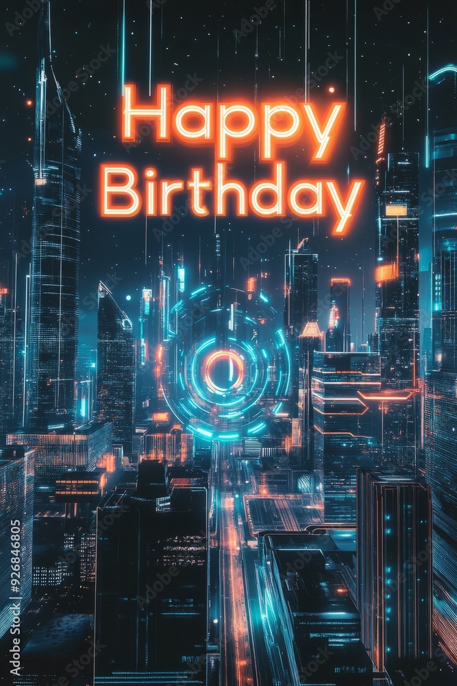 Fototapeta premium The city centre's futuristic high-rise buildings are set against the glittering skyline. Modern neon colors, dark blue, orange, neon green. It's the perfect combination of technology and art