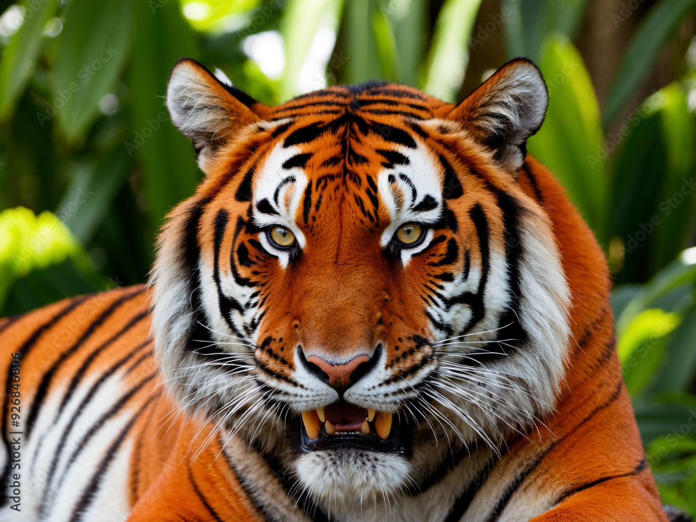 Obraz premium A close-up of a fierce tiger's face, showing its intense gaze, sharp teeth, and vibrant orange fur with black stripes, set against a lush green background.