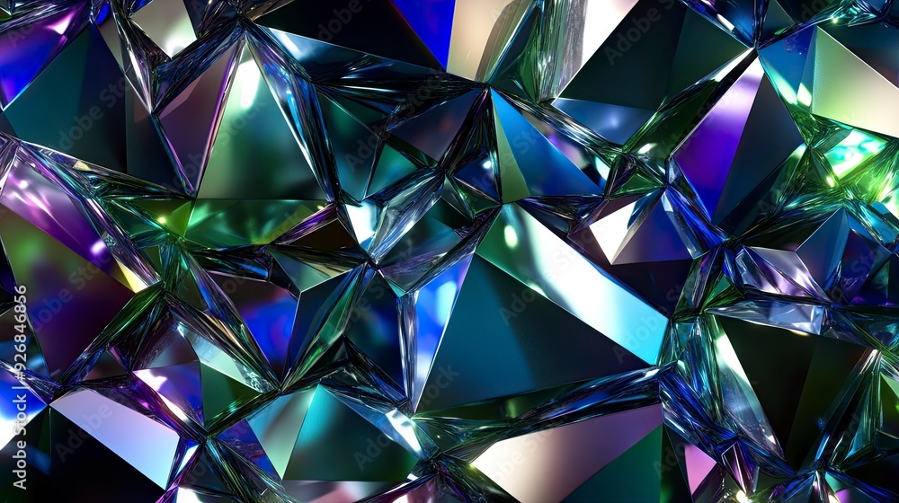 Faceted polygons, in cool shades of blue and green, creating a crystalline pattern, soft ambient lighting Faceted polygons, in cool shades of blue and green, creating a crystalline pattern, soft ambient lighting