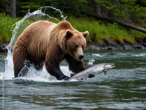 A brown bear fishing in a fast-flowing river, with water splashing around as it catches a salmon, surrounded by lush green forest.