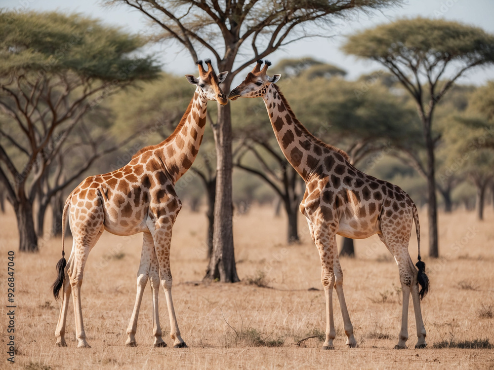 Obraz premium A pair of giraffes standing tall in the middle of a dry acacia forest, their long necks reaching up to the treetops to feed on leaves.