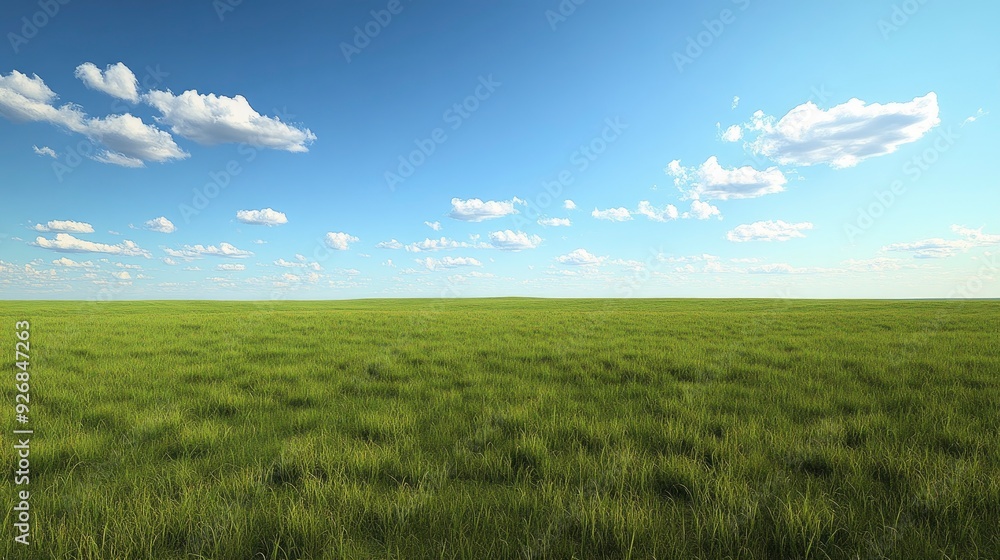 Obraz premium Grassland prairie, with endless fields of tall grass under a big blue sky, warm, golden sunlight