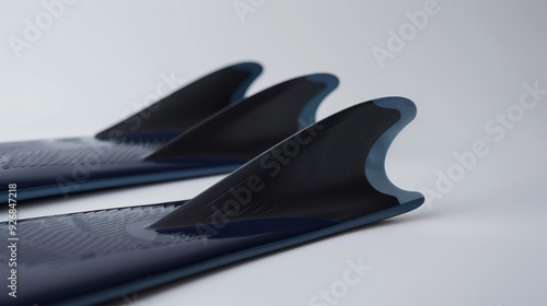 Two surfboard fins resting on a white surface, displaying their curved shape and textured finish photo