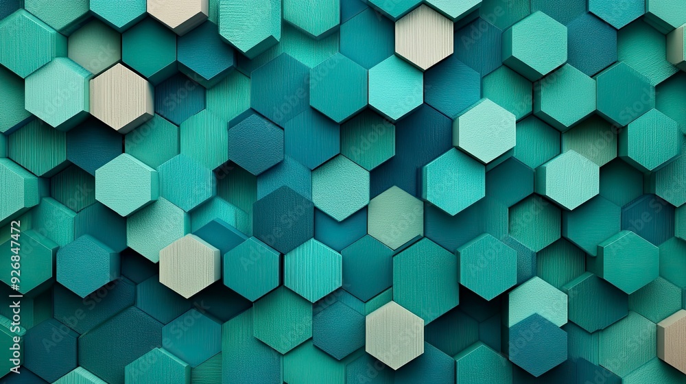 Hexagonal lattice, in cool tones of teal and cyan, forming a seamless grid, soft natural lighting Hexagonal lattice, in cool tones of teal and cyan, forming a seamless grid, soft natural lighting