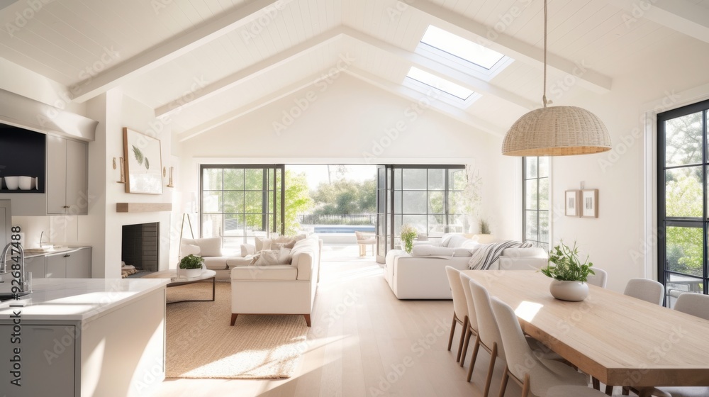 Sunlit Modern Farmhouse Interior with Light Wood Floors, Skylights, and White Walls
Sunlit Modern Farmhouse Interior with Light Wood Floors, Skylights, and White Walls