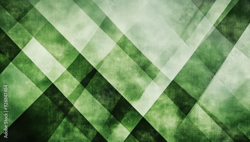 Abstract Green Background with Textured White Transparent Geometric Shapes, Layered Triangles, Diamonds, and Squares Random Pattern