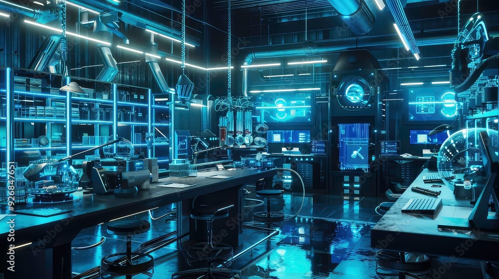 A futuristic laboratory with a large black desk, computers, and metallic shelves lit by blue neon lights. A futuristic laboratory with a large black desk, computers, and metallic shelves lit by blue neon lights.