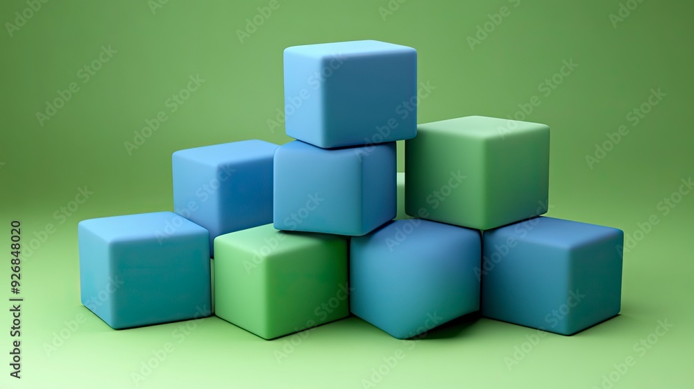 Isometric cubes, stacked in cool tones of blue and green, creating a 3D effect, bright ambient lighting Isometric cubes, stacked in cool tones of blue and green, creating a 3D effect, bright ambient lighting