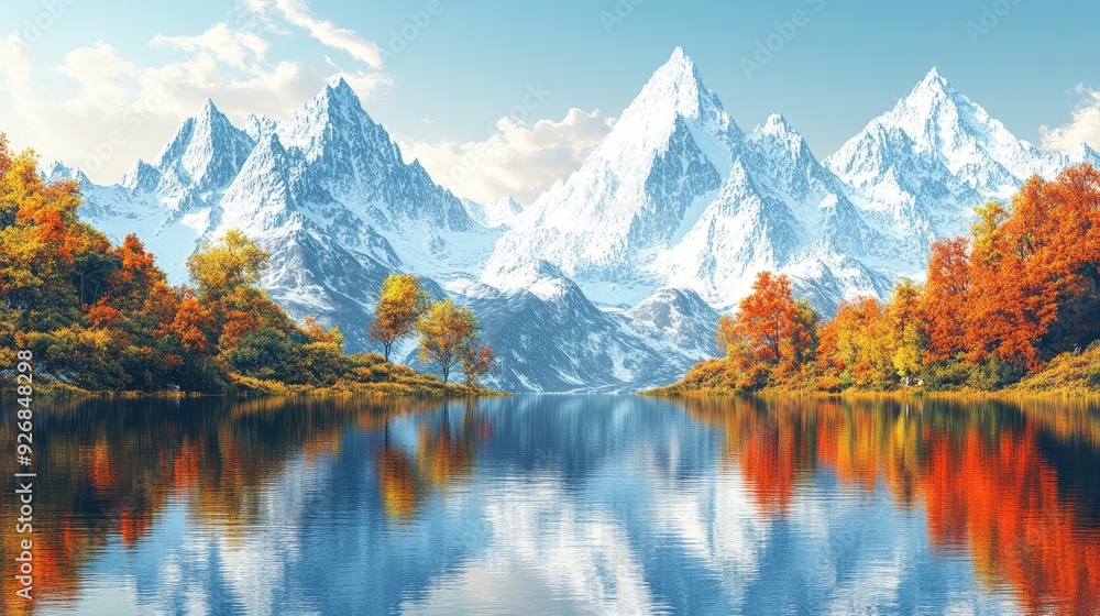 Fototapeta premium Mountain lake, with crystal-clear water reflecting the peaks, soft natural lighting