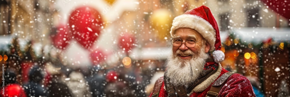 Smiling Santa Claus at Winter Christmas Market. Portrait of Santa Claus on Blurred Background. Smiling Santa Claus at Winter Christmas Market. Portrait of Santa Claus on Blurred Background.