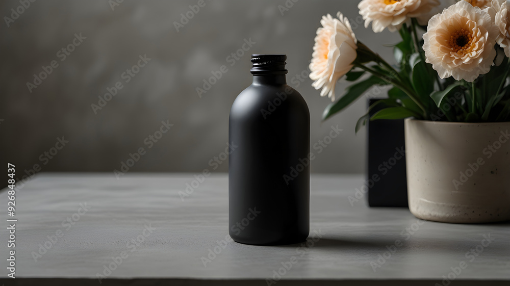 concrete tabletop with a sleek matte black bottle of skincare, some flowers on the side, product mockup concrete tabletop with a sleek matte black bottle of skincare, some flowers on the side, product mockup