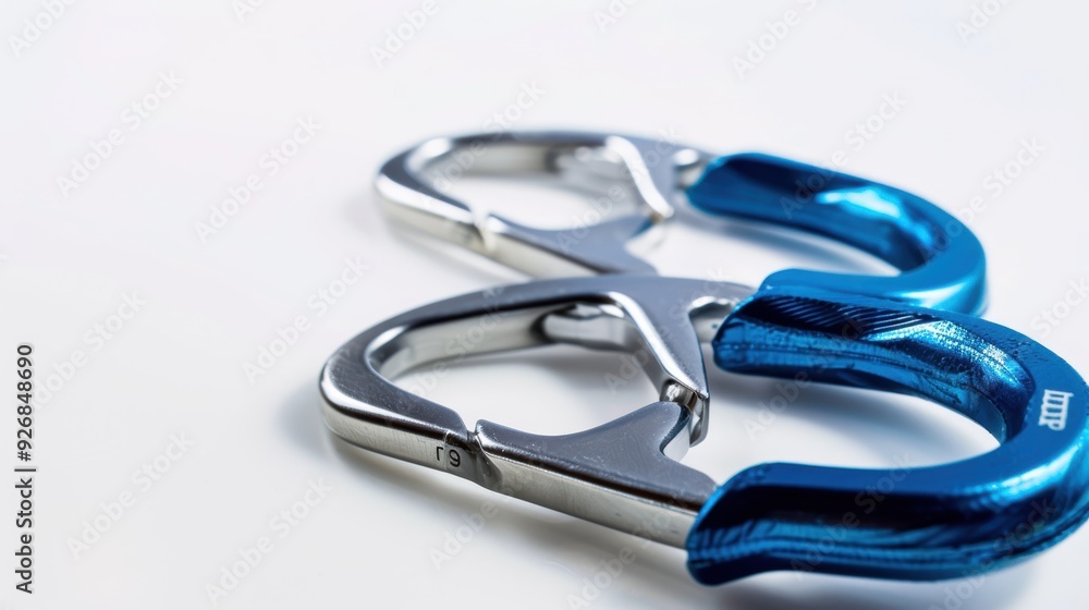 Pair of metal carabiners with blue handles on a white table, ideal for outdoor adventure, climbing, and safety Pair of metal carabiners with blue handles on a white table, ideal for outdoor adventure, climbing, and safety