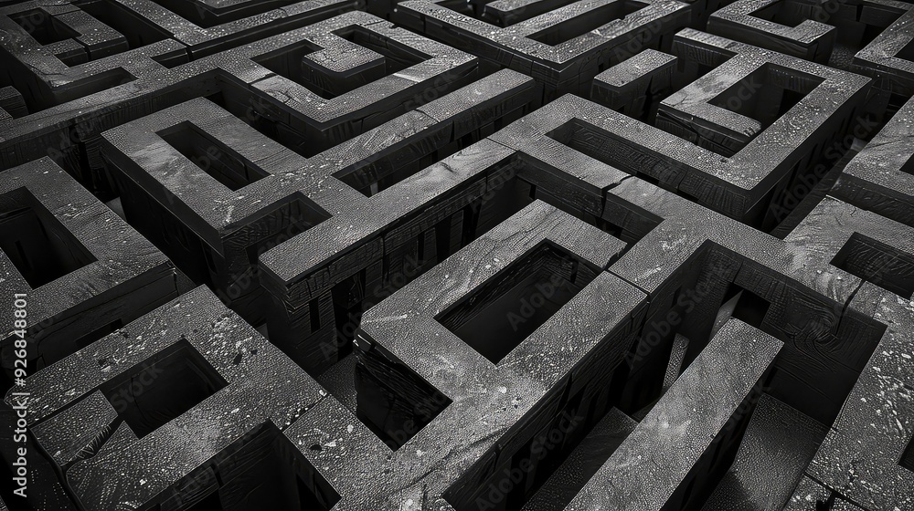 A black and white image of a wooden maze with a textured surface and intricate design. A black and white image of a wooden maze with a textured surface and intricate design.