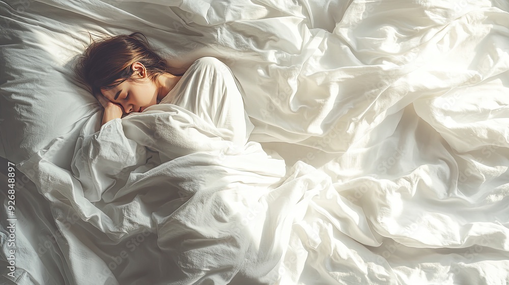 Fototapeta premium Restorative sleep, person in a peaceful bedroom with blackout curtains and soft morning light peeking through