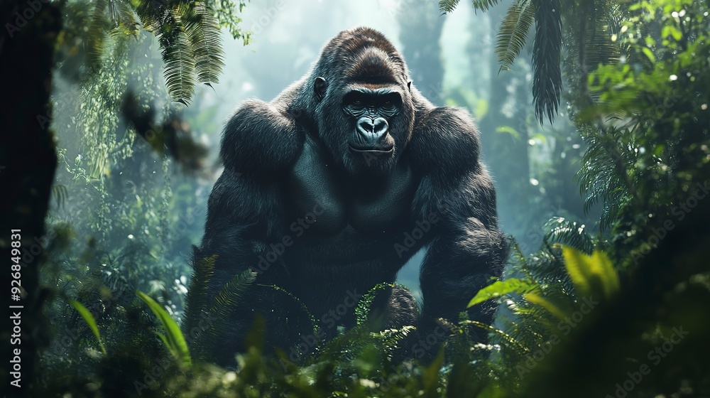 Fototapeta premium A powerful gorilla standing majestically in the dense jungle. The image captures the strength and beauty of this magnificent creature in its natural habitat.