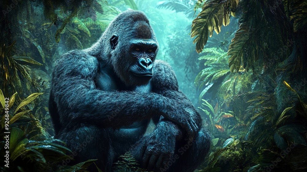A powerful and majestic gorilla sitting in the lush jungle , animal, wildlife, mammal, zoo, aggressive, nature A powerful and majestic gorilla sitting in the lush jungle , animal, wildlife, mammal, zoo, aggressive, nature