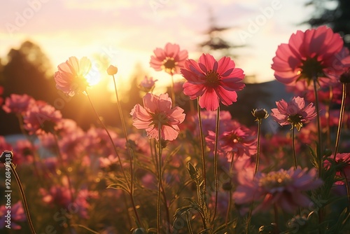 Crimson Horizons Rolleiflex Capture of Pink Flowers at Dusk photo