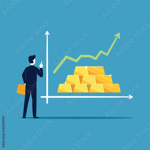 Businessman investor with gold bullion rising up graph and chart. Business and finance concept vector illustration