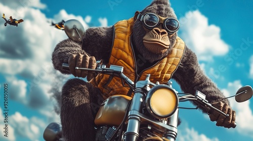 An adventurous gorilla with a fearless spirit zooms through the open sky, decked out in a stylish vest and goggles atop his trusty motorcycle toy