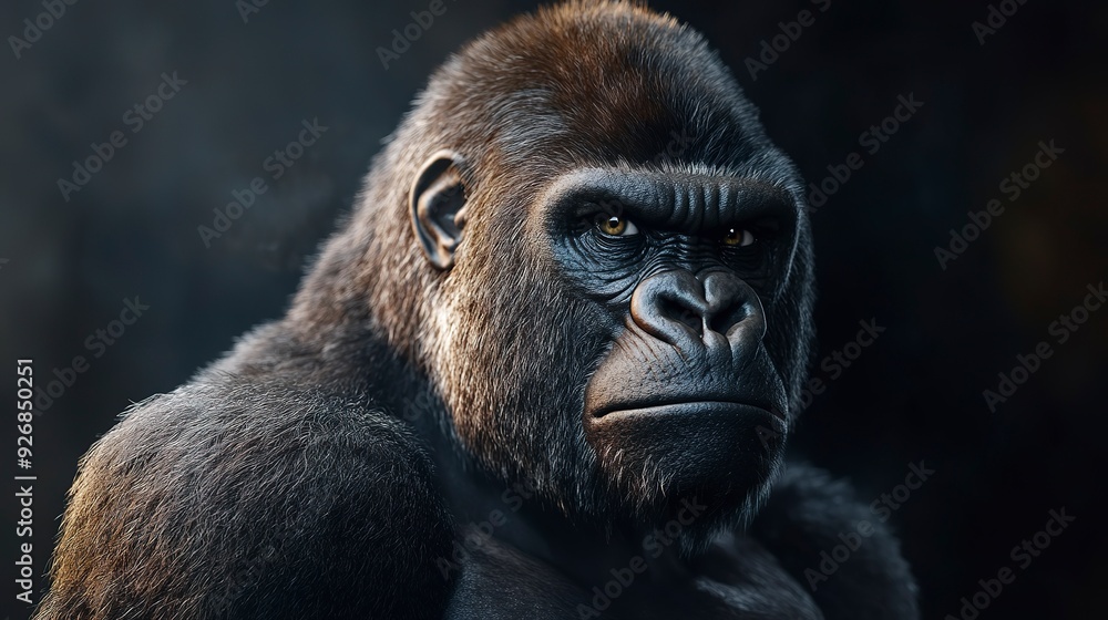 Obraz premium A gorilla with an angry expression looking to his right
