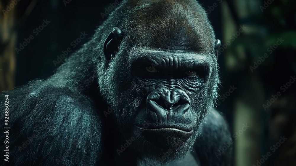 A gorilla with an angry expression looking to his right. A gorilla with an angry expression looking to his right.