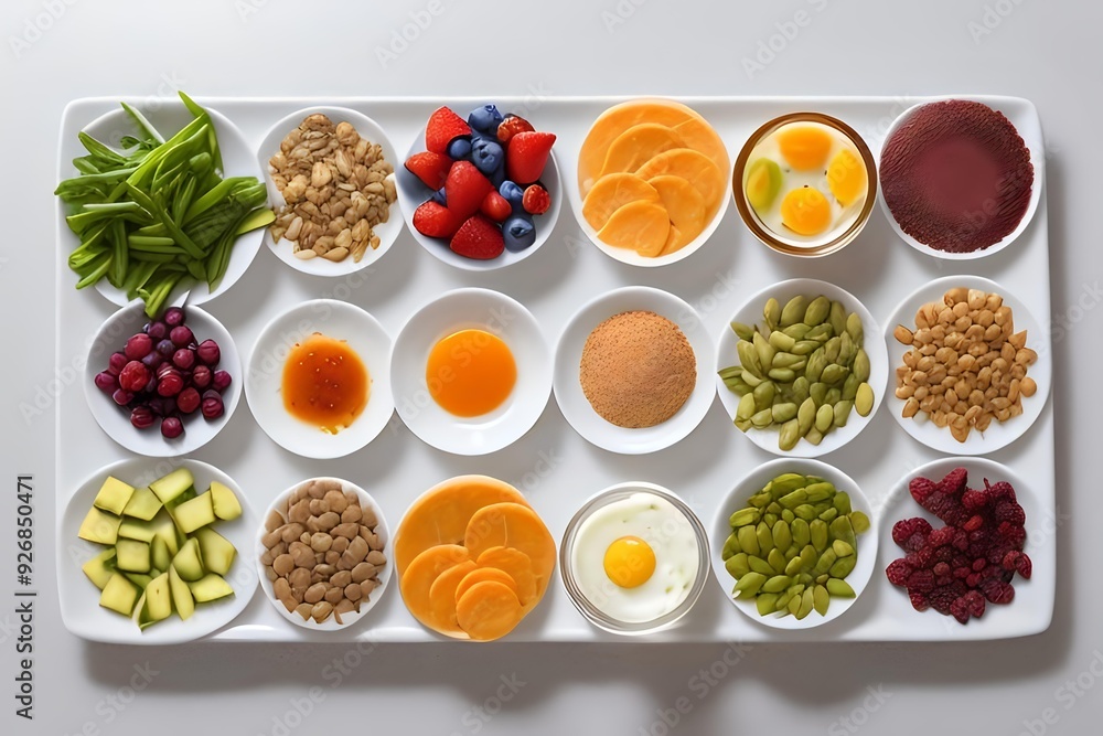 White Plate with a Colorful Variety of Fruits and Nuts for a Superfood Breakfast White Plate with a Colorful Variety of Fruits and Nuts for a Superfood Breakfast