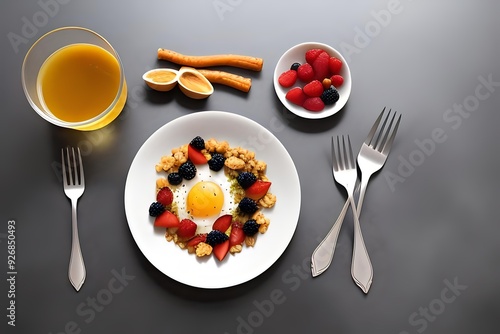 Superfood Breakfast Plate with Fried Egg Fresh Fruit and Tea for a Healthy Start photo